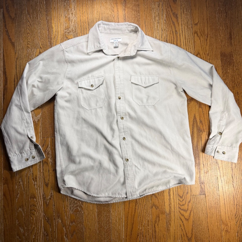 Covington Mens Faux Suede Button Down Shirt Long Sleeve Beige Large Hiking